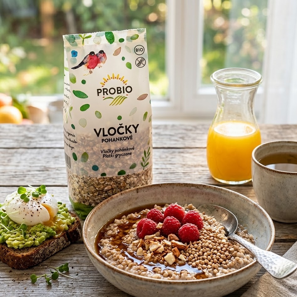 PROBIO Organic Buckwheat Flakes in a 250g bag served as a healthy breakfast porridge with raspberries and nuts on a wooden table.